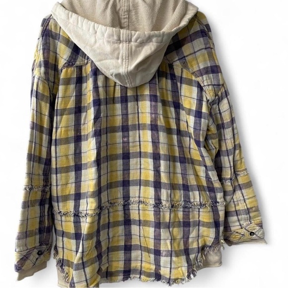Free People Yellow & Navy Plaid Hooded Flannel - Picture 2 of 5